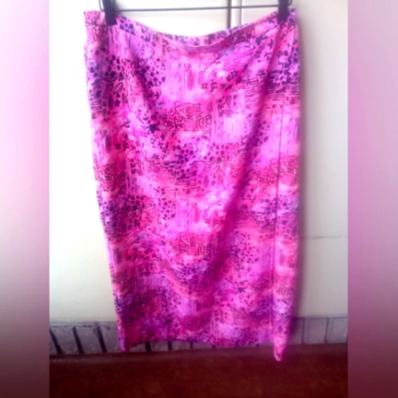 Rio Euro Summer Vibrant Pink Black Print Midi Side Slit Skirt SZ 18 - Picture 1 of 13